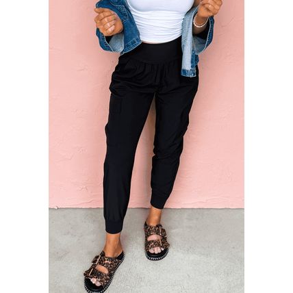 Black Elastic High Waist Pocketed Cargo Jogger Pants