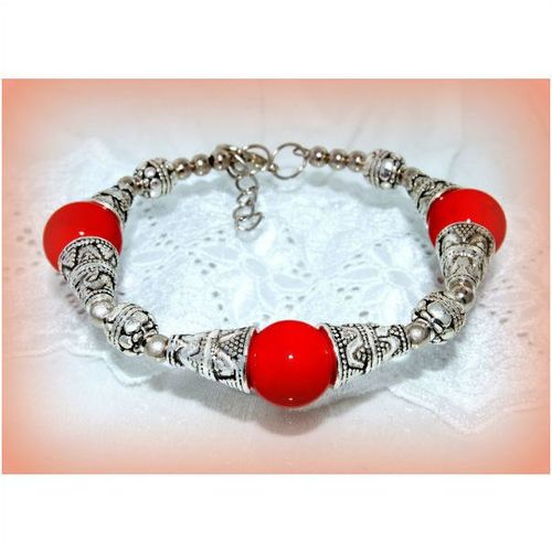 Sale Tibetan Silver Hill Tribe Style Red Beads Bracelet Bangle Jewellery 618