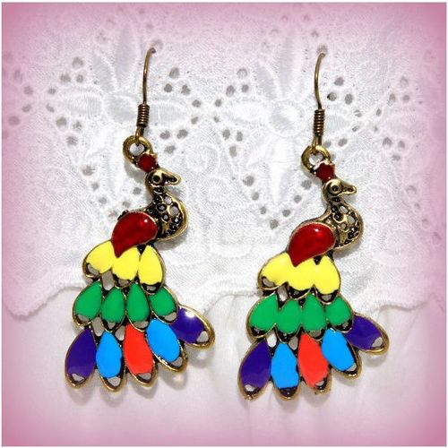 Bronze Tibetan Hill Tribe Style Peacock Enamel Hook Earrings Jewellery 570