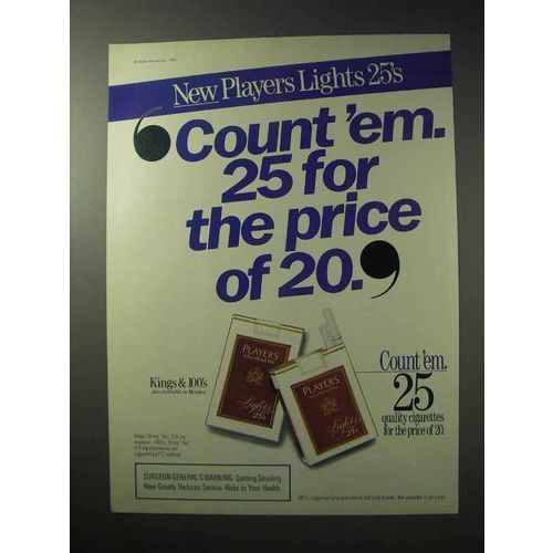 1986 Players Lights Cigarettes Ad - 25 for Price of 20