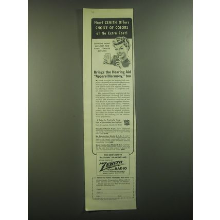 1945 Zenith Radionic Hearing Aid Ad - Now! Zenith offers choice of colors