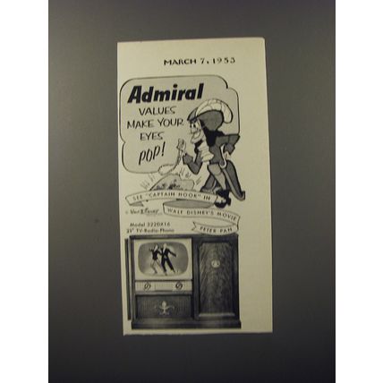 1953 Admiral Model 322DX16 TV Ad - Walt Disney's Captain Hook of Peter Pan