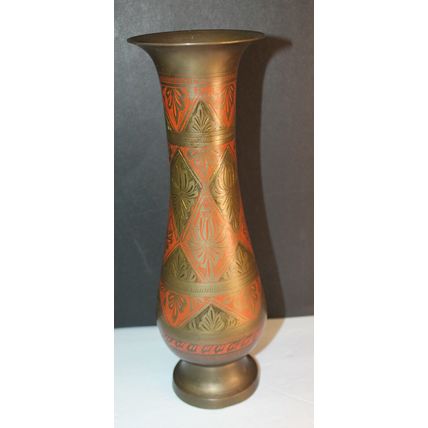 VTG Vase Hand Painted Etched Brass from India Unique Gift Home Decor Staging 12"