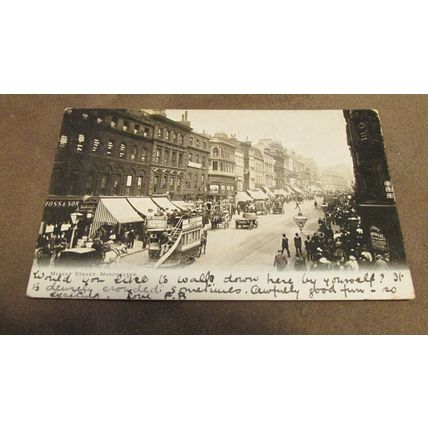 1902 fr postcard - Tram & Busy scene, Market Street Manchester - Lancashire