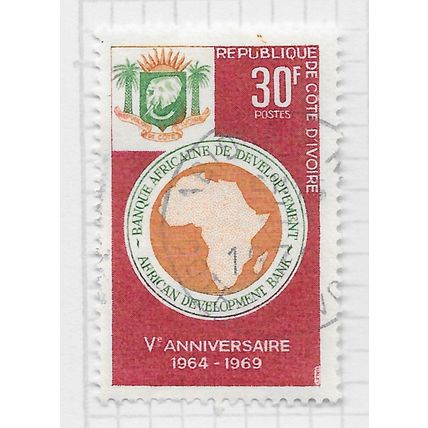 IVORY COAST 1969 5TH ANNIVERSARY AFRICAN DEVELOPMENT BANK ARMS ELEPHANT 30F USED