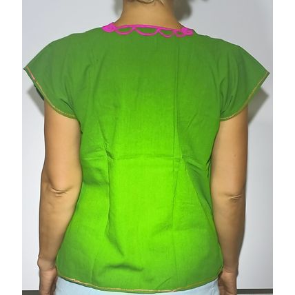 Multicolor Roses Bouquet Embroidered Cotton Canvas Green Blouse Chiapas Mexico