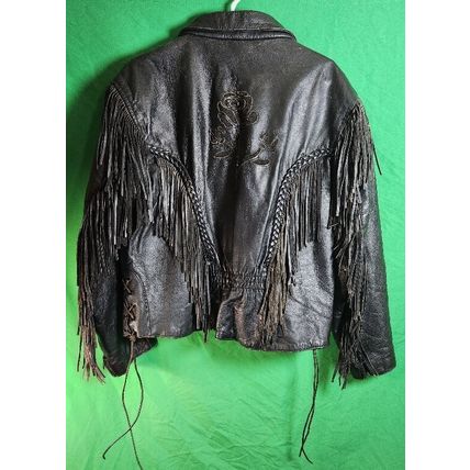 Vintage UNIK Black Leather Motorcycle jacket Womans M Fringe Rose Inlay Lined