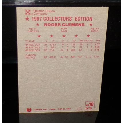 RALSTON PURINA COMPANY 1987 ROGER CLEMENS 4YR COLLECTOR'S EDITION CARD #10 OF 15