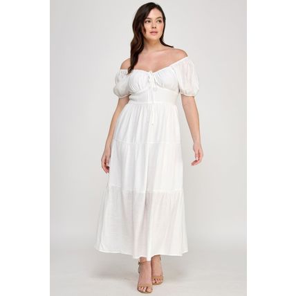 Front Tie Puff Sleeve Tired Maxi Dress