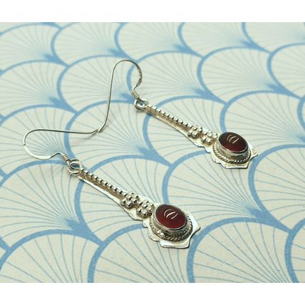 Vintage 925 Sterling Silver and Red Carnelian Cabochon Drop Earrings With Box