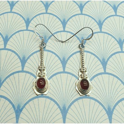 Vintage 925 Sterling Silver and Red Carnelian Cabochon Drop Earrings With Box