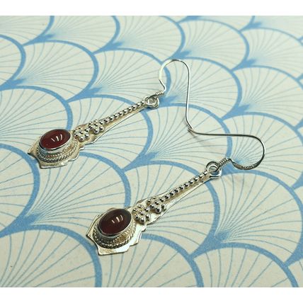 Vintage 925 Sterling Silver and Red Carnelian Cabochon Drop Earrings With Box