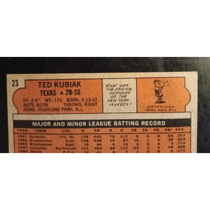 Topps 1972 # 23 Ted Kubiak Texas Rangers ShortStop 6.0 Excellent/Mint Condition