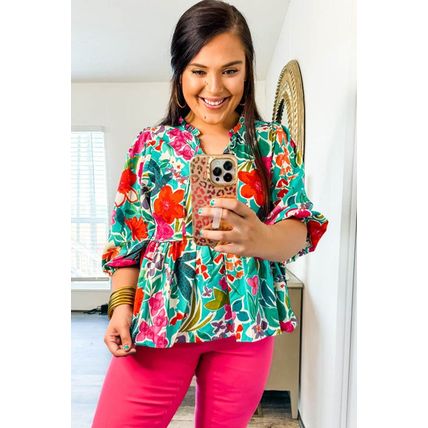 Multicolor Floral Tie Split Neck Plus Size Peplum Blouse