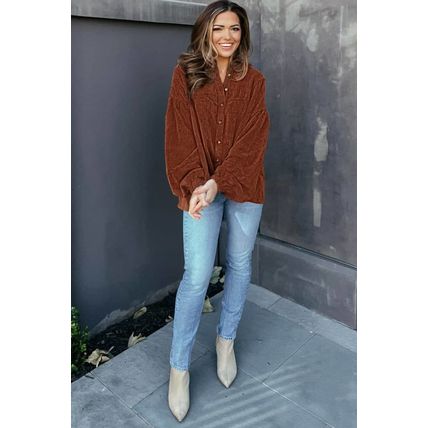Coffee Textured Corduroy Puff Sleeve Shacket