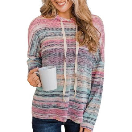Multicolor Striped Print Cable Knit Drop Shoulder Hoodie