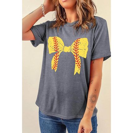 Gray Baseball Bowknot Graphic Casual Tee