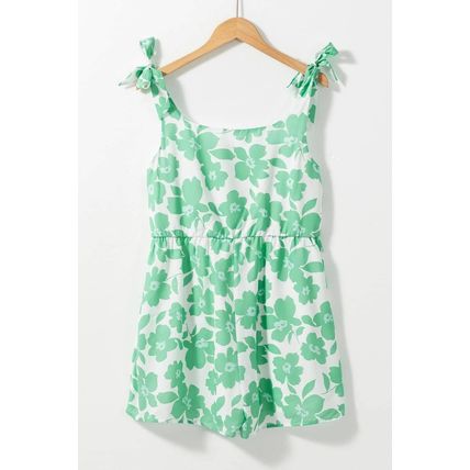 Green Flower Print Knotted Straps Square Neck Romper