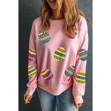 Pink Easter Egg Sequin Patched Crew Neck Sweatshirt