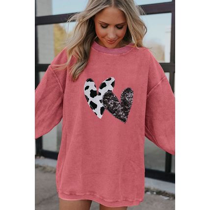 Strawberry Pink Leopard Sequin Heart Graphic Corded Sweatshirt