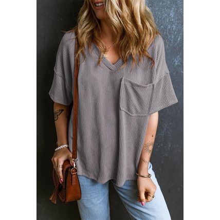 Light Grey Corded V Neck Chest Pocket Loose T-shirt