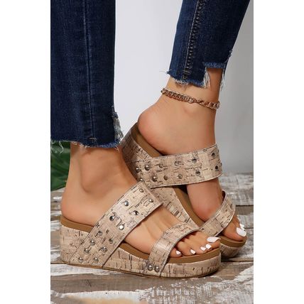 Camel Rivet Double Straps Wedge Slippers