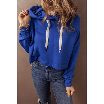 Dark Blue Solid Drop Shoulder Drawstring Cropped Hoodie