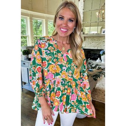 Green Floral Puff Sleeve V Neck Peplum Blouse