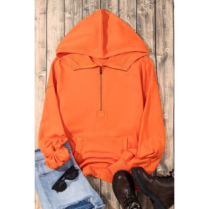 Orange Solid Kangaroo Pocket Half Zipper Oversized Hoodie