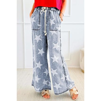 Light Blue Star Print Light Wash Drawstring High Waist Wide Leg Jeans