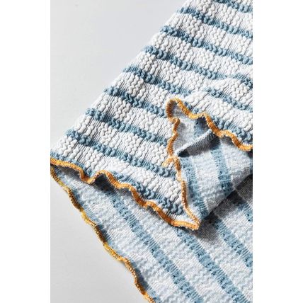 Sky Blue Stripe Textured Frilly Trim Buttons Henley Long Sleeve Top