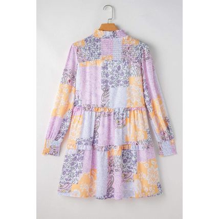 Multicolour Floral Smocked Mock Neck Ruffled Tiered Bubble Sleeve Dress
