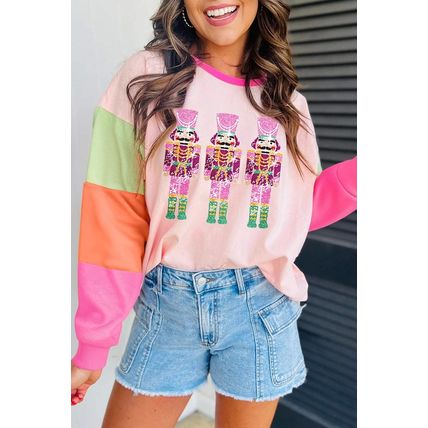 Pink Christmas Sequin Nutcracker Graphic Colorblock Long Sleeve Top