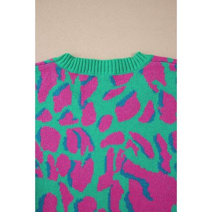 Green Abstract Print Ribbed Trim Baggy Sweater
