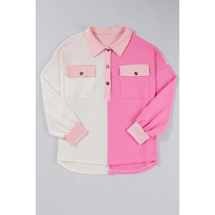 Bonbon Color Block Chest Pockets Half Button Plus Size Sweatshirt
