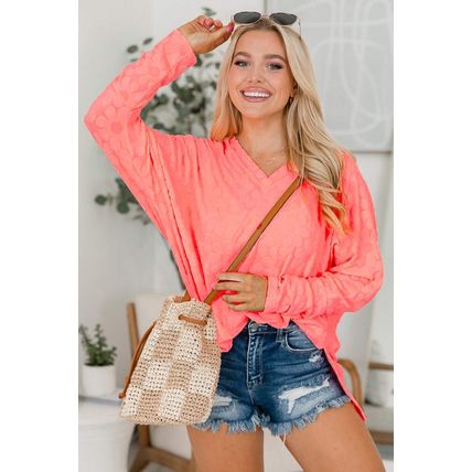 Apricot Pink Oversized Floral Jacquard V Neck Long Sleeve Top