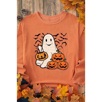 Orange Halloween Ghost Pumpkin Bat Print Corded Pullover Sweatshirt
