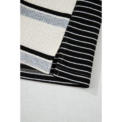 Black Stripe Colorblock Knit Henley Collar Shift Long Sleeve Mini Dress