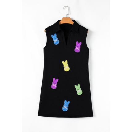 Black Sequin Bunny Doll Graphic Collared Sleeveless Mini Dress