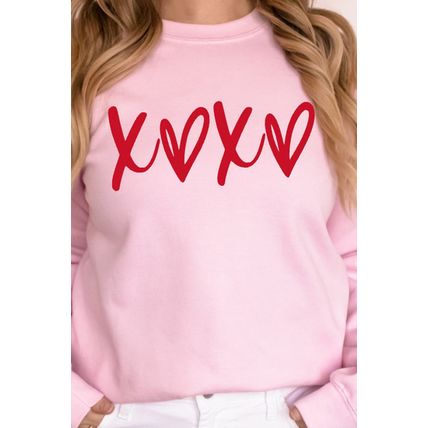 Pink Heart XOXO Graphic Crewneck Drop Shoulder Valentines Sweatshirt