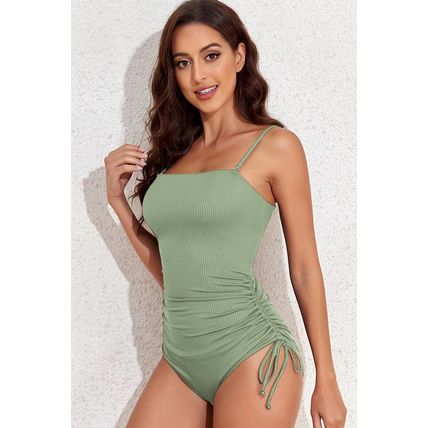 Laurel Green Ribbed Drawstring Sides Cutout One Piece Swimsuit