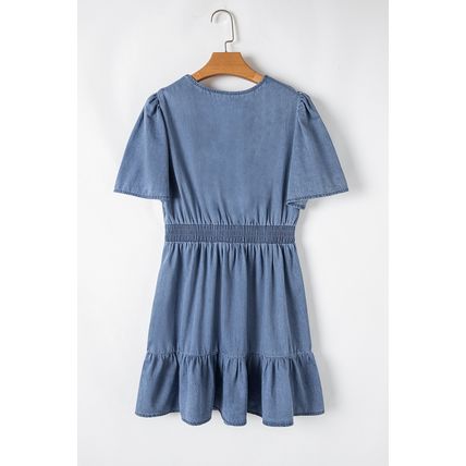 Ashleigh Blue Ruffled V Neck Smocked High Waist Denim Mini Dress