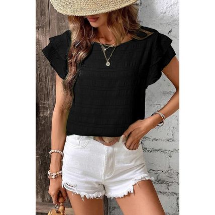 Black Textured Ruffled Sleeve Round Neck Top