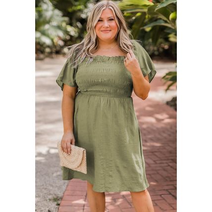 Grass Green Frilly Square Neck Flutter Sleeve Smocked High Waist Plus Size Dress