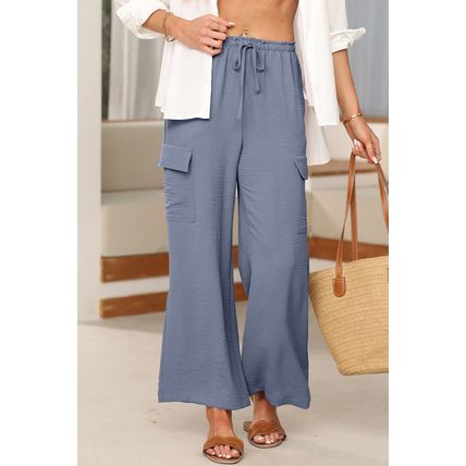 Dark Grey Drawstring Frilled Waist Wide Leg Utility Trousers