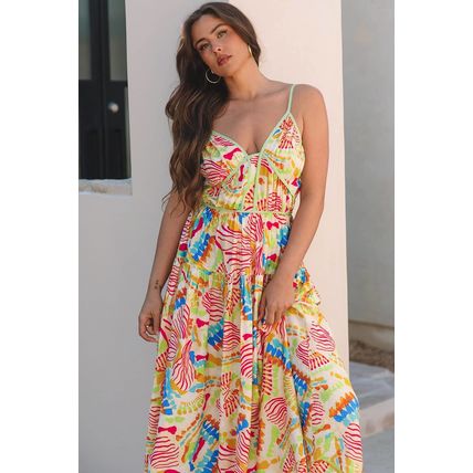 Orange Abstract Print Spaghetti Strap Piping Detail Maxi Dres