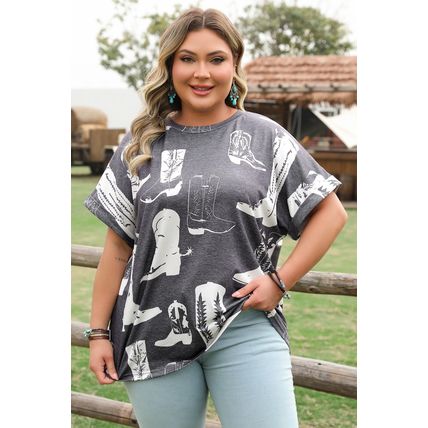Gray Plus Size Western Boots Print Crew Neck T Shirt