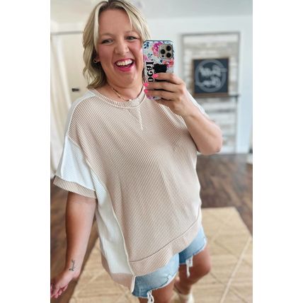 Parchment Twist Rib Colorblock Hi Low Plus Size Short Sleeve Top
