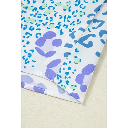 Sky Blue Leopard Print Short Sleeve V Neck Plus Size Top
