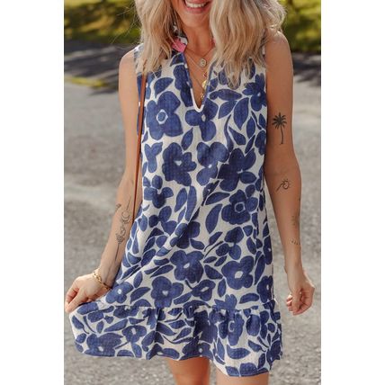 Blue Floral Sleeveless Colorblock Notched V Neck Mini Dress